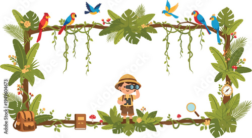 boy explorer in safari outfit looking through binoculars inside tropical jungle frame with parrots leaves and travel equipment vector
