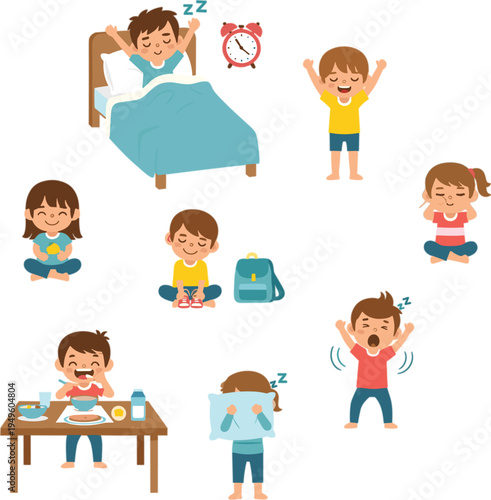 Flat Vector Illustration Set of Cute Children Daily Morning Routine Activities Like Waking Up Eating Breakfast and Dressing