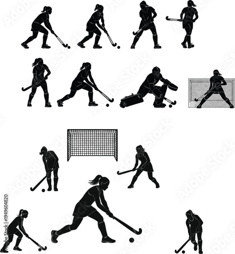Female field hockey players silhouettes set featuring athletes in action poses with sticks balls and goal net vector