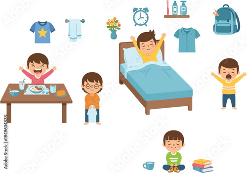 Flat Vector Illustration Set of Little Boys Daily Morning Routine Activities Like Waking Up Eating Breakfast Reading and Dressing