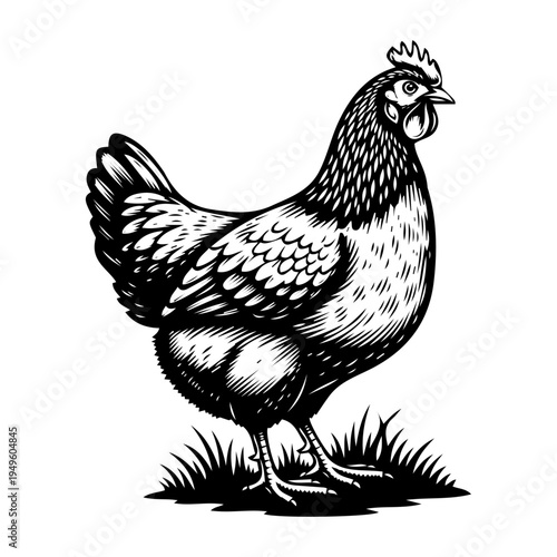 A detailed black and white illustration depicts a hen standing in grassy vegetation facing right