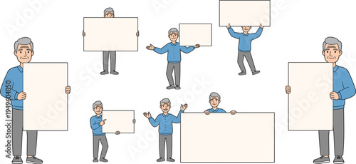 Flat Vector Illustration Set of Senior Man Character Holding Blank White Boards and Banners in Various Poses for Advertising