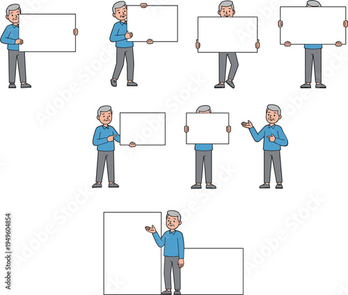 Flat Vector Illustration Set of Senior Man Character Holding Blank White Boards and Placards in Different Poses for Advertising Copy Space