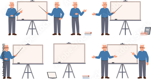 Flat Vector Illustration Set of Senior Man Teacher Character Presenting with Whiteboard Books and Laptop for Education and Business Briefing