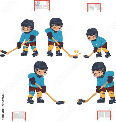 Happy kids playing ice hockey set featuring children in protective gear with sticks pucks and goals for winter sports illustration.