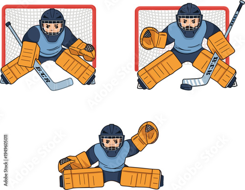 Professional ice hockey goalie children set featuring kids in full protective gear defending goal post flat vector illustration