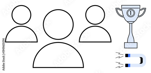 Teamwork concept. Teamwork icons collaboration and success. Trophy achievement while magnet highlights attracting talent. Perfect for leadership, HR, business growth, productivity, networking