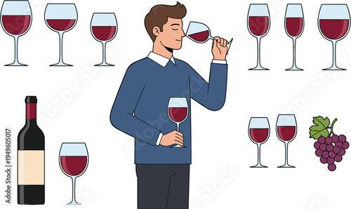 Professional sommelier character set tasting red wine with various glasses bottle and grape bunch isolated vector illustration