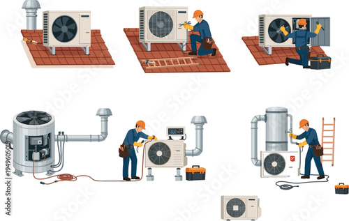 Professional HVAC technician repairing and maintaining outdoor air conditioning units on roof with tools for residential cooling service