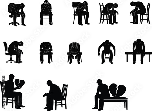 Set of sad depressed man silhouette sitting on chair feeling lonely upset mourning broken heart and emotional stress