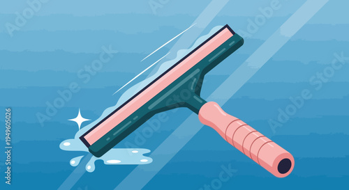 A green and pink squeegee cleaning a blue window with water drops