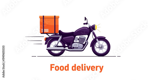 Illustration of a purple motorcycle with an orange food delivery box speeding along a line on a white background.