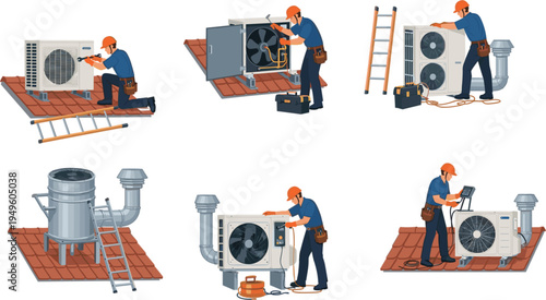 Professional HVAC technician team repairing and maintaining outdoor air conditioning units on rooftop with tools for residential cooling service and ventilation