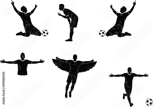 Set of soccer player silhouettes celebrating goals with wings and emotional victory poses for sport competition achievement and football championship