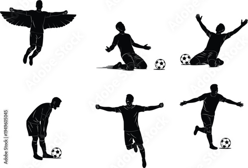 Set of soccer player silhouettes celebrating goal with wings and various victory poses for sport competition and football achievement icons