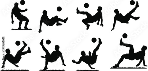Set of soccer player silhouettes performing acrobatic bicycle kicks and overhead volleys for football sports competition and athletic achievement icons