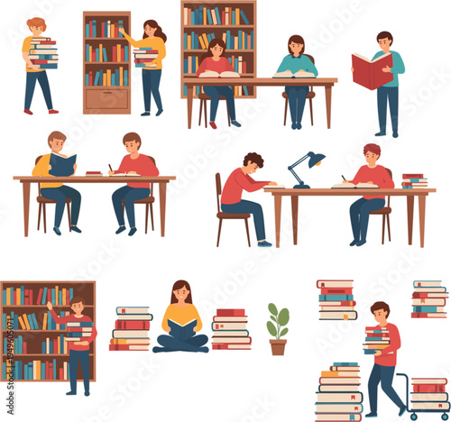 Students and researchers studying in library with bookshelves and piles of books for academic learning and education vector illustration set