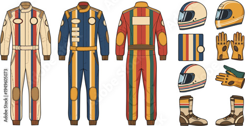 Vintage Style Racing Suit Vector Set with Retro Helmets Gloves and Boots for Classic Motorsport Branding and Automotive Apparel Design