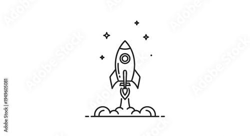 Minimalist Line Art Rocket Taking Off with Smoke on Isolated White Background, Startup and Innovation Concept