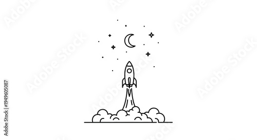 Rocket Launching Towards Moon and Stars with Smoke Trails, isolated white background