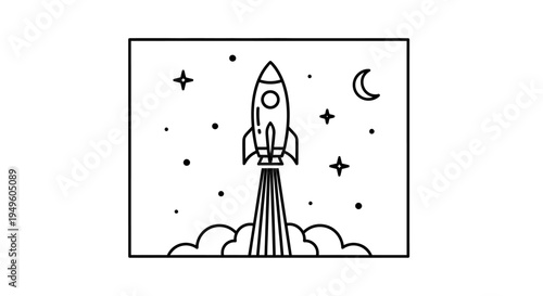 Rocket Launching into Space within a Square Frame, Stars and Moon Night Sky Illustration