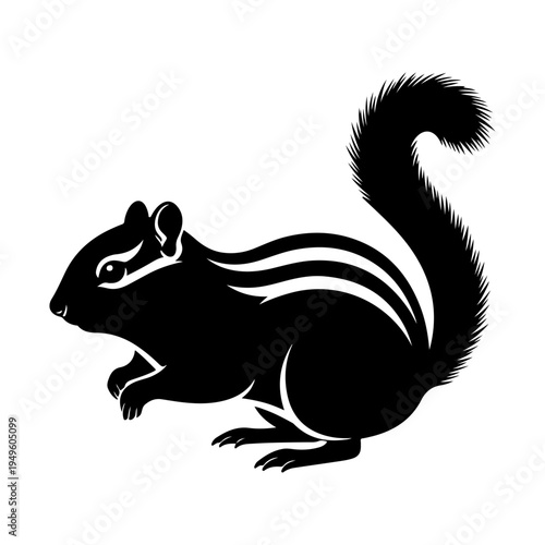 A striking black and white illustration depicts a small striped chipmunk in profile alert and poised