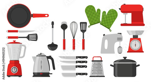 Flat lay of various kitchen utensils and appliances on a white background