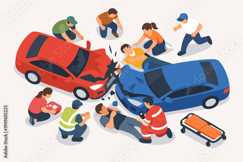Isometric Flat Vector Illustration of a Serious Car Accident Scene with Two Crashed Vehicles, Injured People Lying on the Ground, and Bystanders and Paramedics Providing Emergency First Aid Help