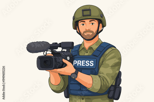 War Correspondent Journalist Holding Professional Video Camera Wearing Protective Helmet and Blue Bulletproof Press Vest in Conflict Zone, Flat Vector Illustration for News and Media Reporting
