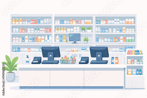 Flat Vector Illustration of a Modern Pharmacy Interior with Counter, Cash Registers, Shelves Full of Medicine Bottles, Healthcare Products, and Retail Store Equipment for Medical Business.