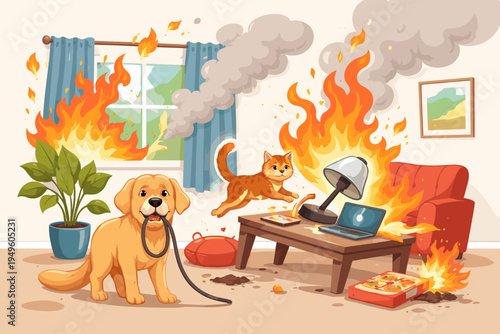 Vector illustration of a chaotic living room fire caused by pets, featuring a golden retriever dog holding a power cord and a ginger cat jumping over a burning table with a laptop and lamp.
