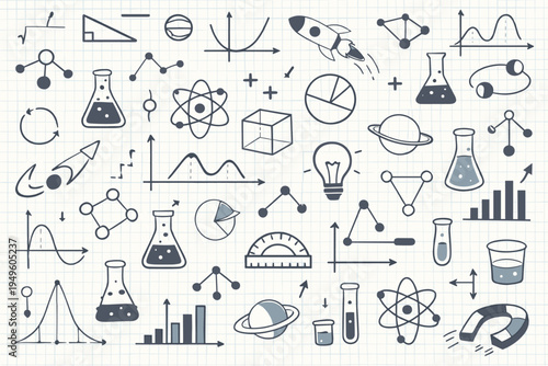 Seamless Hand Drawn Science and Math Doodle Icons on Graph Paper Background. Vector Illustration Featuring Rocket, Atom, Beakers, Flasks, Lightbulb, Magnet, Planets, and Mathematical Graphs.