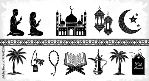 Ramadan and Eid icon set, Islamic silhouettes and religious symbols on white background
