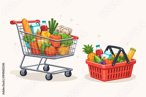 Supermarket shopping cart and red basket filled with fresh groceries, healthy vegetables, fruits, bread, milk, and juice, simple flat vector illustration for retail and consumerism concepts.