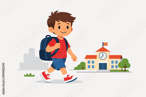 Happy Cartoon Schoolboy with Blue Backpack Walking to School Building, Flat Vector Illustration of Young Student Going to Class, Back to School Concept for Education and Childhood Learning