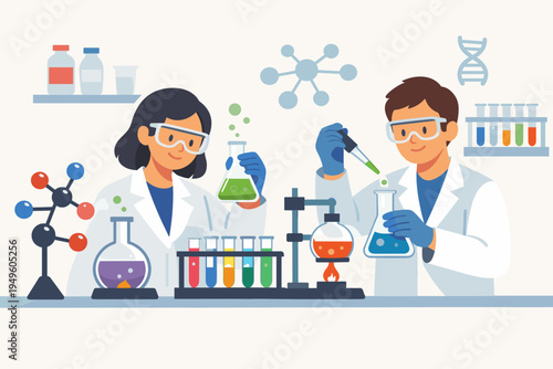 Professional male and female scientists performing chemical research in a lab with colorful test tubes, flasks, and molecular structures. Flat vector illustration for science and education.