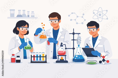 Team of professional scientists conducting chemical research and experiments in a modern laboratory with beakers, test tubes, and equipment. Flat vector illustration for science and education.