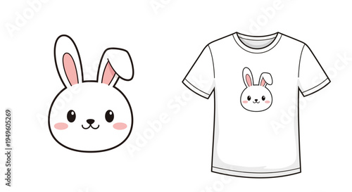 Cute Bunny Head Illustration and White T-shirt with Adorable Rabbit Graphic for Kids and Easter Theme in Bright Studio.