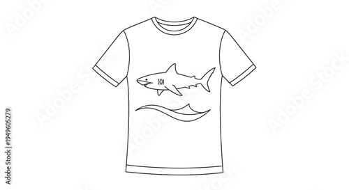 White T-shirt with Outline Shark and Ocean Waves Graphic for Summer Beachwear and Marine Themes in Bright Studio.