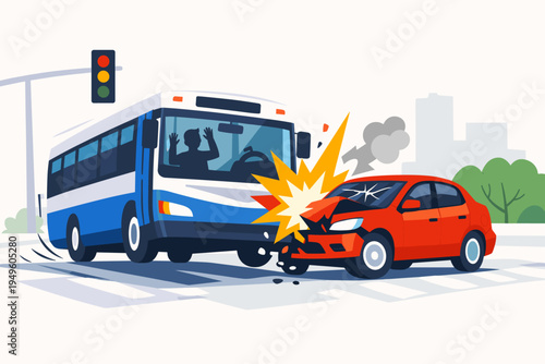 Flat vector illustration of a traffic accident involving a blue and white bus and a red car at a city intersection with a traffic light, showing impact, shattered glass, smoke, and emergency.