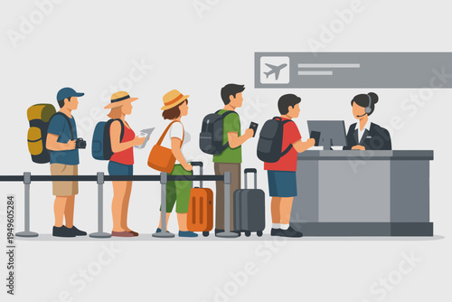 Flat vector illustration of diverse tourists queuing at an airport check-in counter with backpacks and suitcases. Travelers waiting in line to buy plane tickets or check in for their flight.
