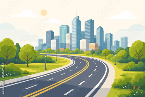 Modern flat vector illustration of a winding asphalt highway leading towards a metropolitan city skyline with skyscrapers, surrounded by lush green trees and park landscape under a sunny sky.