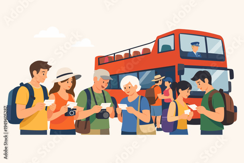 Diverse Group of Happy Tourists with Backpacks and Cameras Checking Their Tickets Before Boarding a Red Double-Decker Sightseeing Bus for a City Tour, Flat Vector Illustration Travel Concept