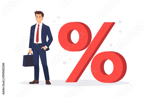 Professional Businessman in Suit Holding Briefcase Standing Next to Large Red Percentage Symbol, Concept for Finance, Interest Rates, Investment Growth, Sales Discounts, Commission, and Global Economy