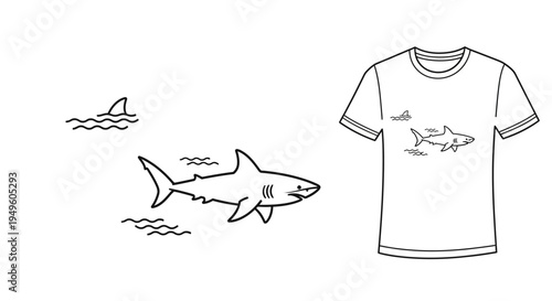 White T-shirt with Outline Shark Swimming Graphic for Marine Life and Ocean Lovers in Bright Studio.