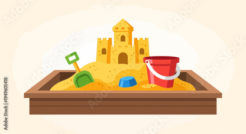 Flat lay of a colorful sandcastle and beach toys in a wooden sandbox against a soft beige background