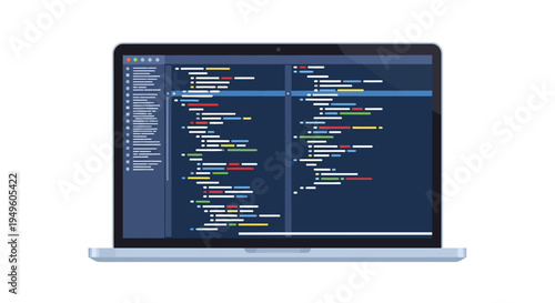 Close-up of a laptop screen displaying coding software on a plain white background with a dark blue and colorful coding interface.
