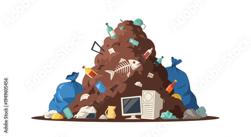 Illustration of a large pile of assorted trash and debris with a computer and bags on a plain background