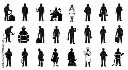 Workers Silhouettes Set Different Professions Occupations People Black Silhouette Collection