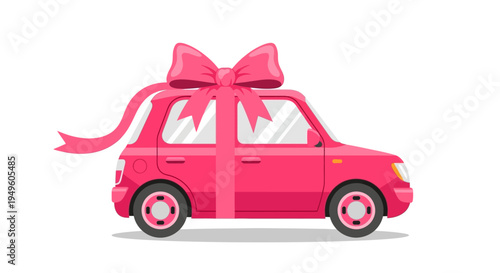 Pink toy car with a large bow on a white background